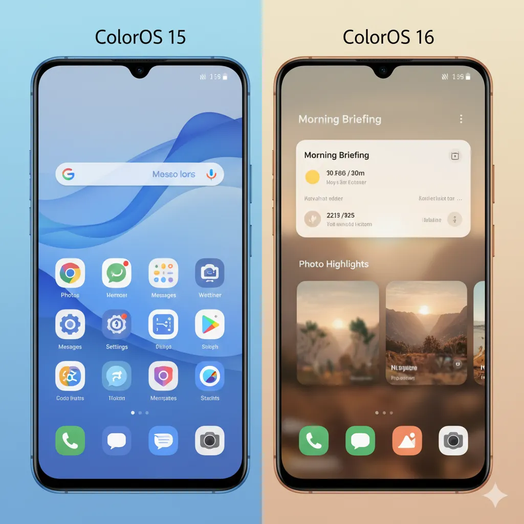 Comparison of old and new ColorOS home screens.
