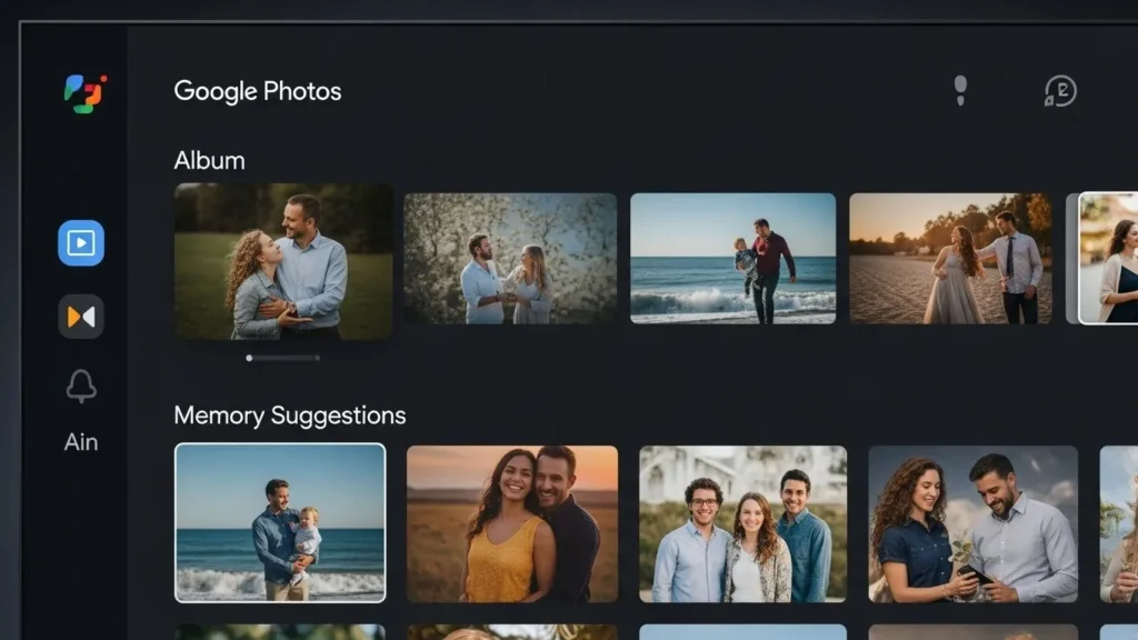 Smart TV displaying Google Photos app interface with photo options