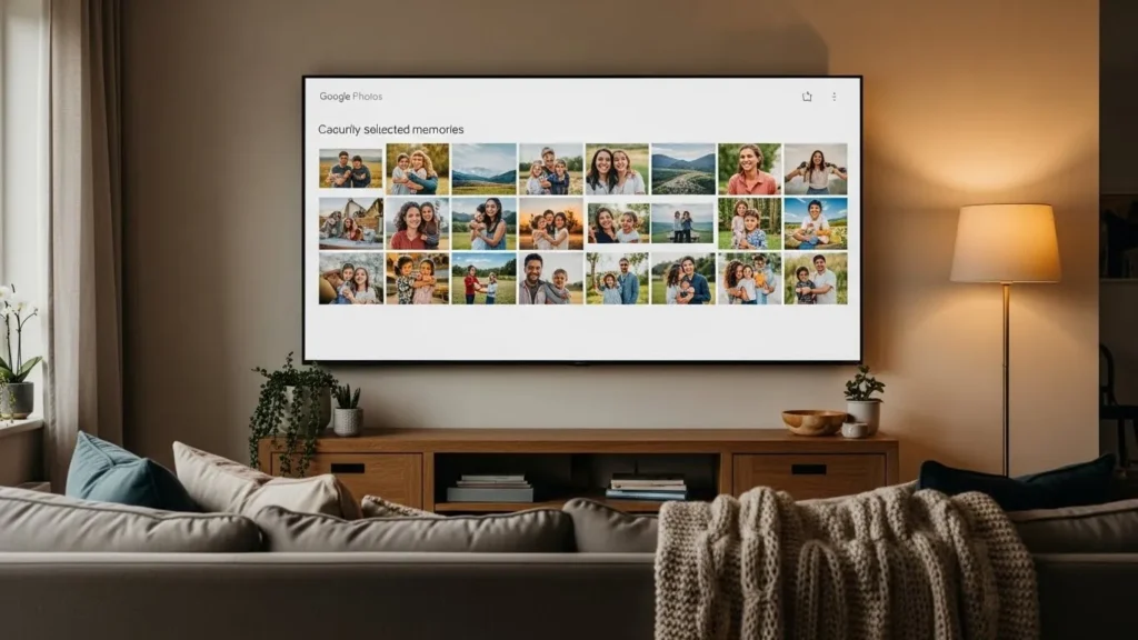 Samsung TV screen with Google Photos curated photo stories