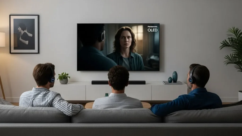 Group of people using wireless headphones with Panasonic TV.