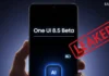 Samsung Galaxy phone showing leaked One UI 8.5 Beta changelog with red LEAKED stamp