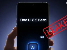 Samsung Galaxy phone showing leaked One UI 8.5 Beta changelog with red LEAKED stamp