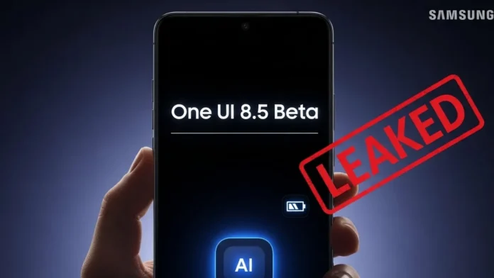 Samsung Galaxy phone showing leaked One UI 8.5 Beta changelog with red LEAKED stamp