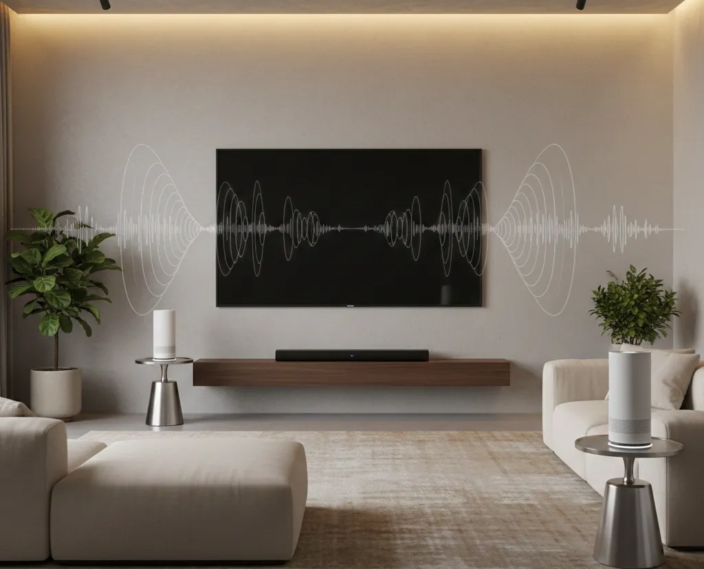 Samsung TV and wireless speakers using Q-Symphony in a home setup