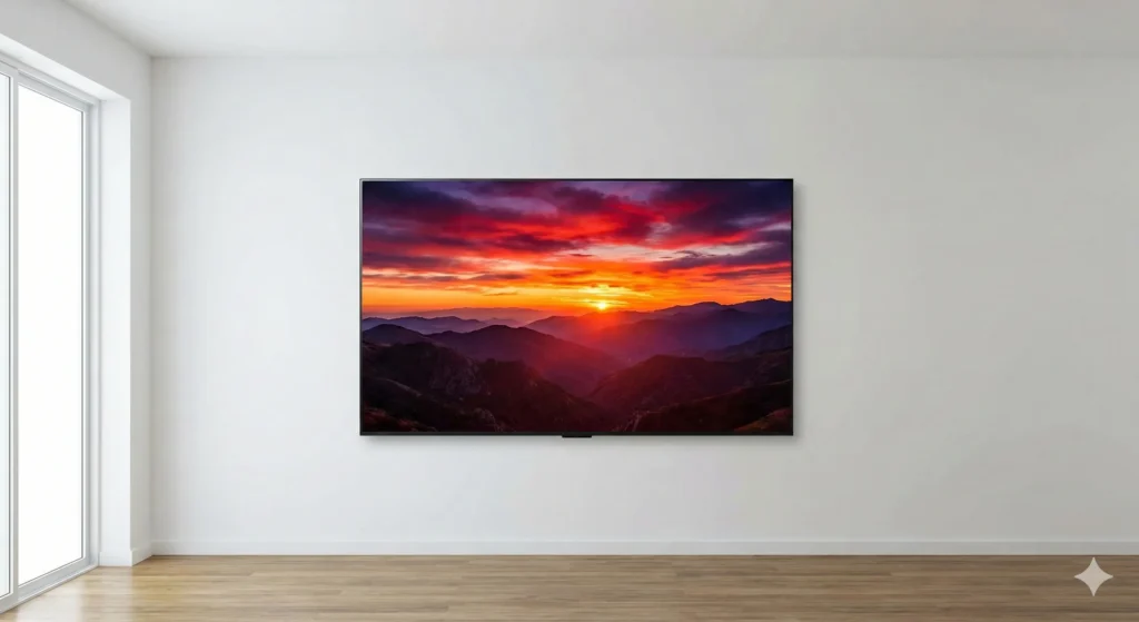 Samsung S99H OLED TV on wall display.