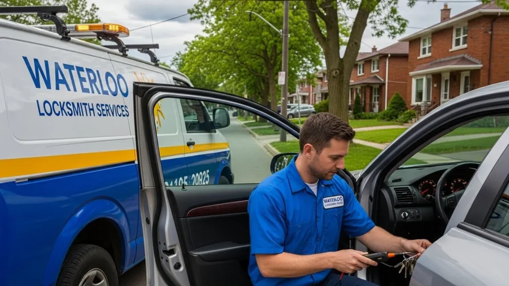 Mobile locksmith van and technician handling car key issue in Waterloo.