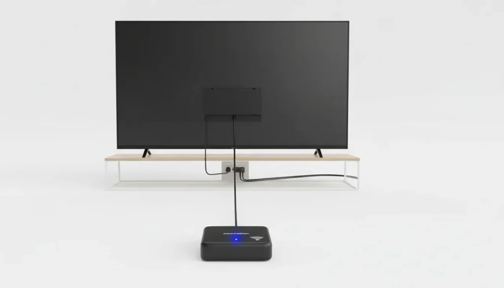 Manhattan Aero 4K TV Streamer plugged into TV HDMI port