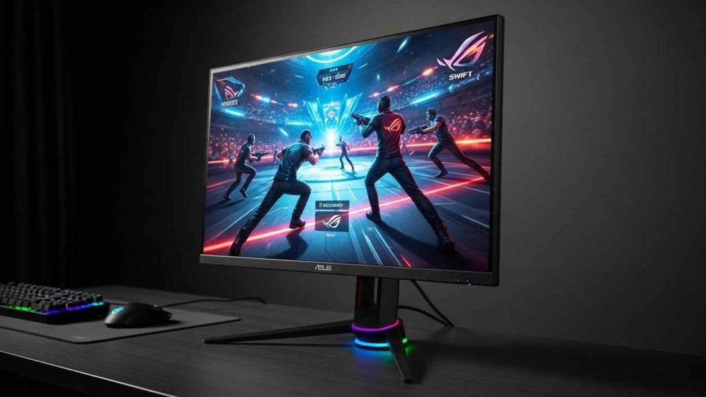Asus ROG gaming monitor displaying fast-action game with sharp motion