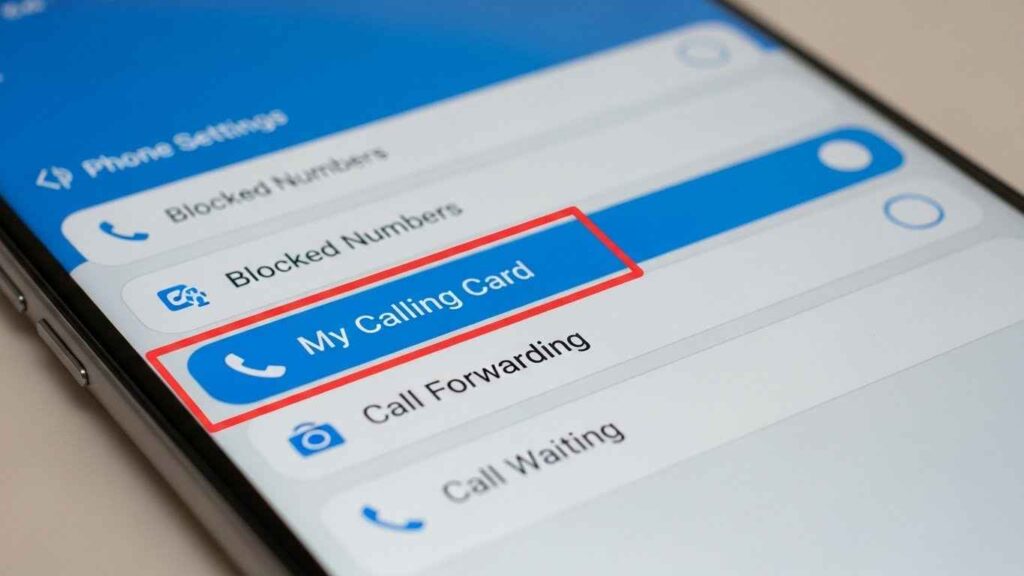 Screenshot of Phone app settings showing My Calling Card feature.