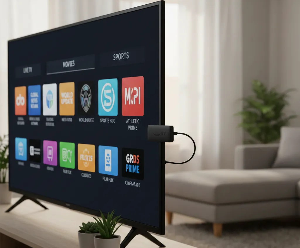 Amazon Fire TV Stick with TV screen showing channels