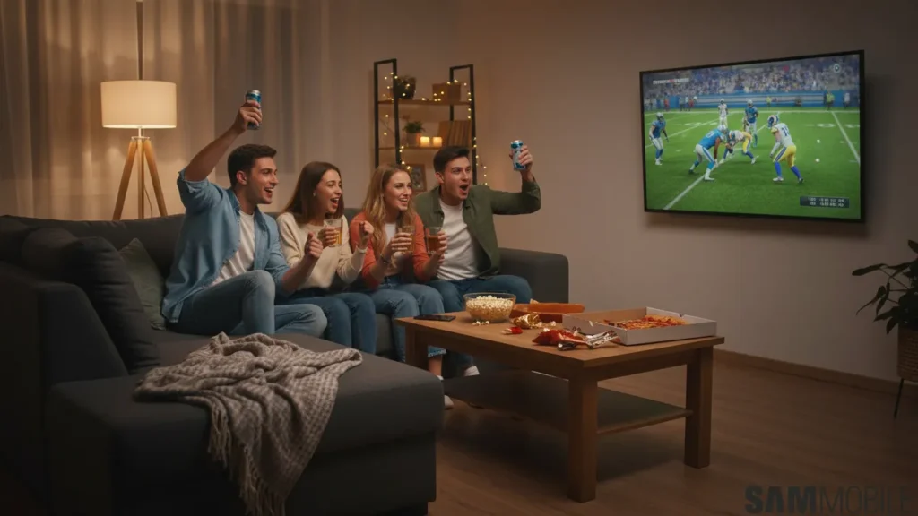 Group of friends cheering during a college football game on TV