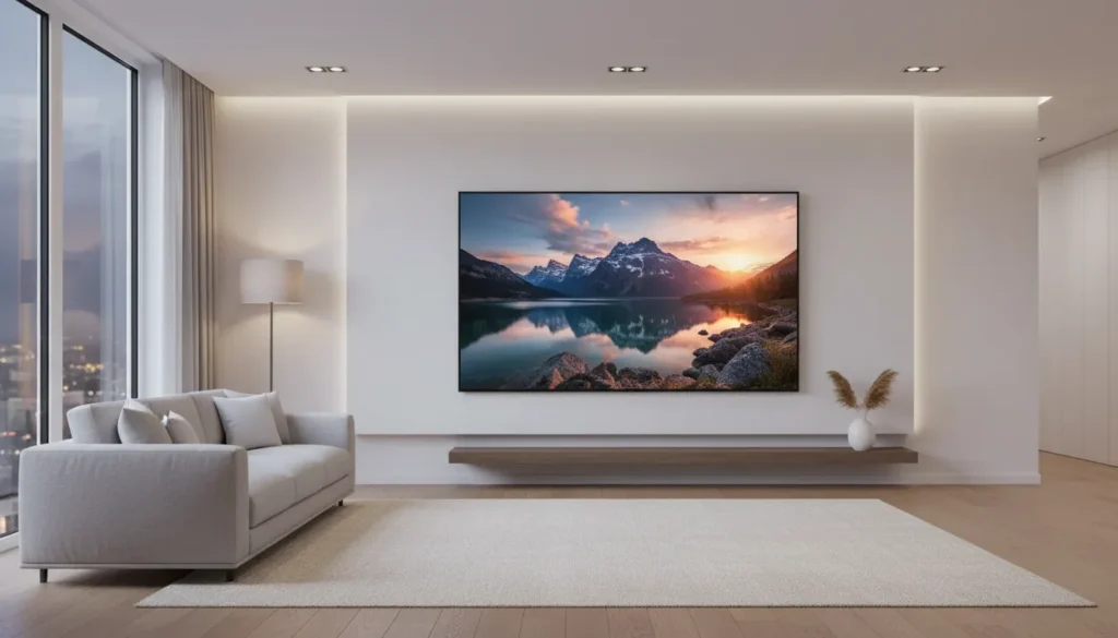 Modern living room featuring a large LG OLED television on display