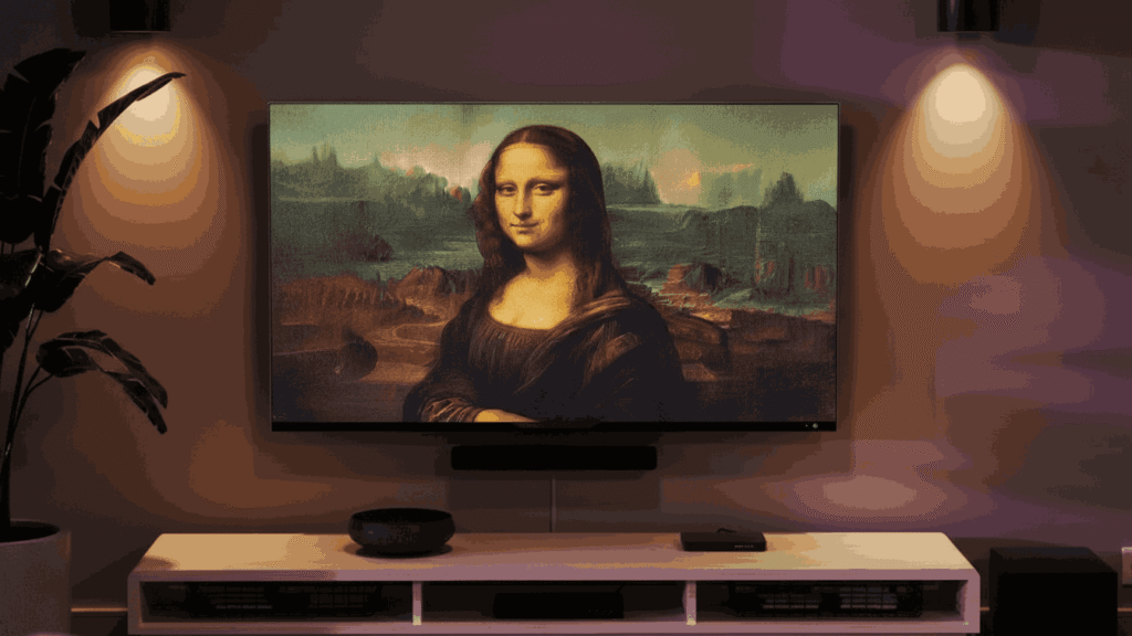 Wall-mounted Samsung OLED TV displaying fine art in a home setting