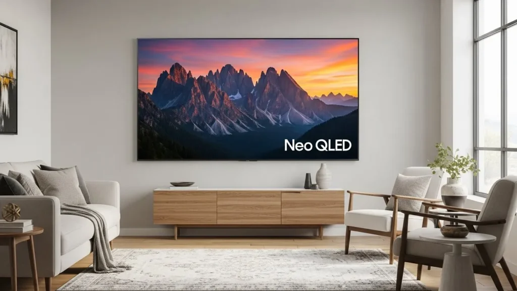 Samsung QN90F 4K Neo QLED television on display with vibrant colors and deep blacks