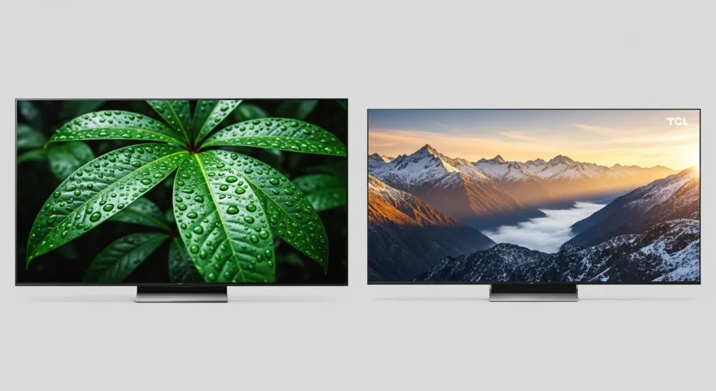 Side-by-side Sony Bravia and TCL televisions displaying colorful content