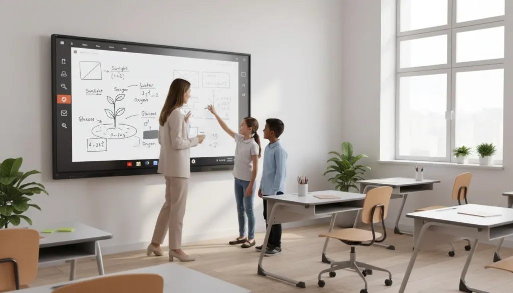 Teacher and students using ViewSonic 4K interactive display in classroom