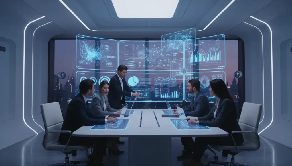 Marketing team reviewing AI-powered analytics dashboard in modern office
