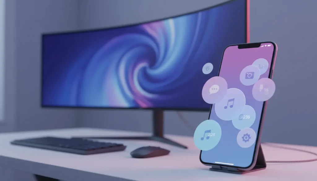 Smartphone displaying Android 17 notifications and desktop mode.