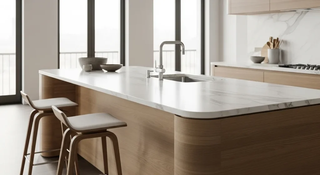 Modern kitchen island with rounded design.