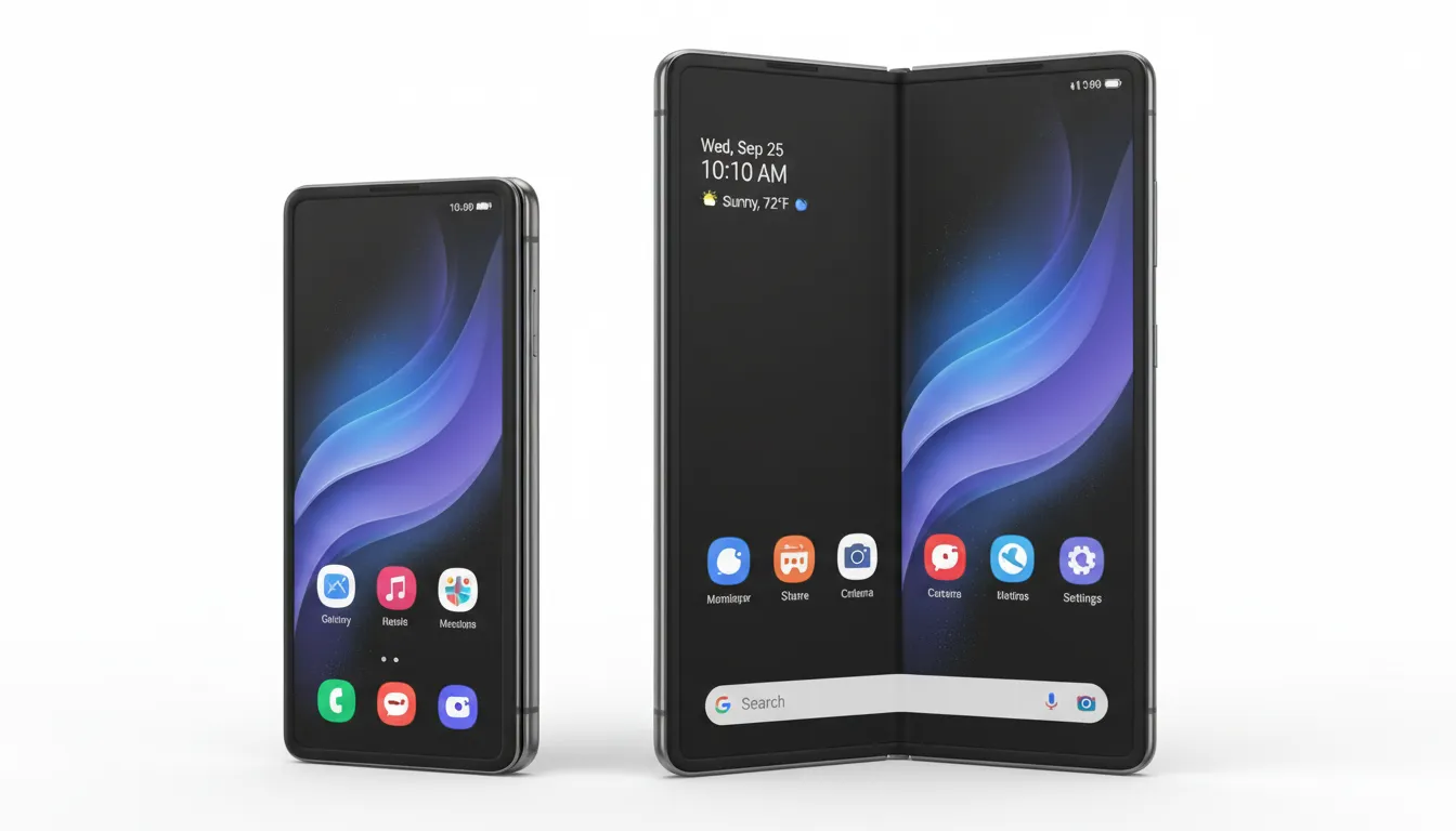 Samsung Galaxy Z Fold smartphone folded and unfolded view.