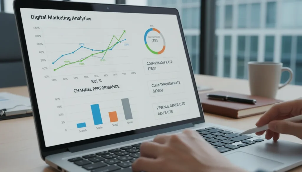 Laptop displaying digital marketing ROI and analytics dashboard