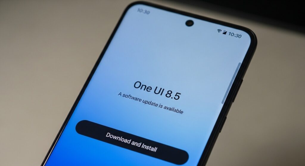 Samsung Galaxy phone displaying One UI 8.5 update prompt