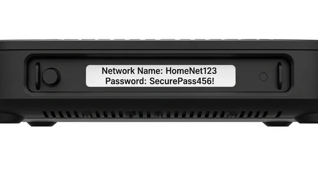 WiFi router bottom label displaying default network credentials
