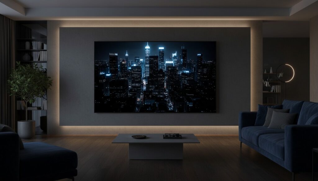 Samsung OLED TV in a modern living room showing high-contrast image