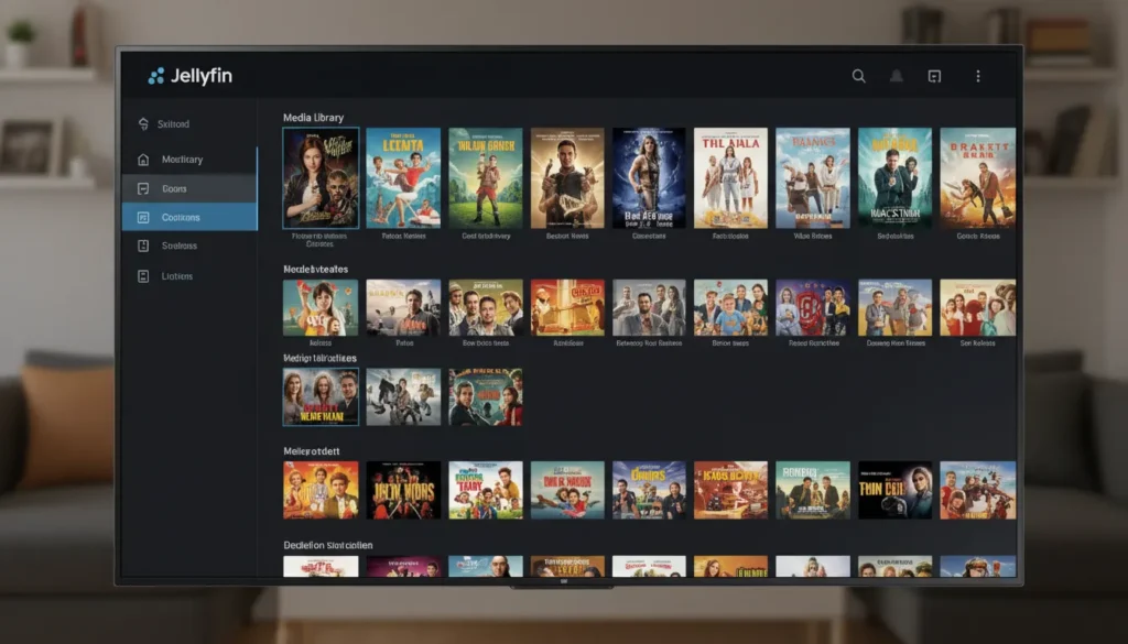 Samsung TV displaying Jellyfin media streaming app interface.