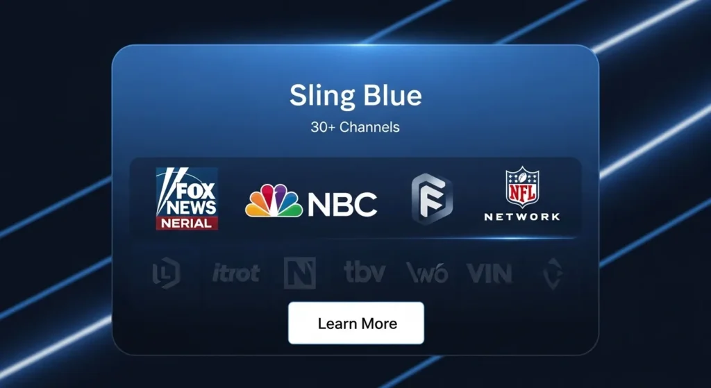 Sling Blue channels list displayed in a streaming service interface.