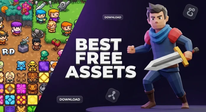 top-free-game-dev-assets-2026-guide A high-quality collage of 2D pixel art sprites, a 3D low-poly character model, and a digital music waveform representing free game development assets.