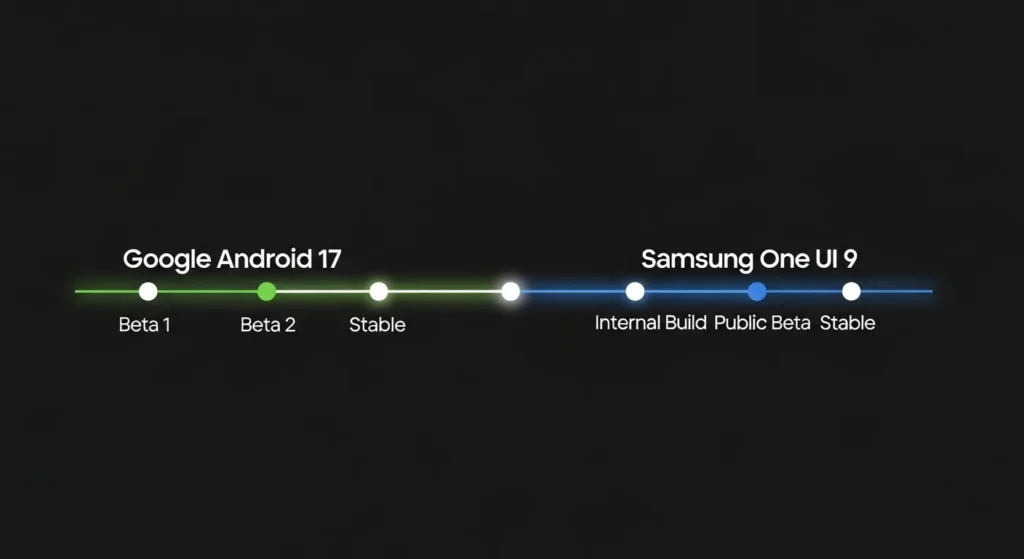 Timeline showing Samsung One UI 9 and Google Android 17 parallel development schedule