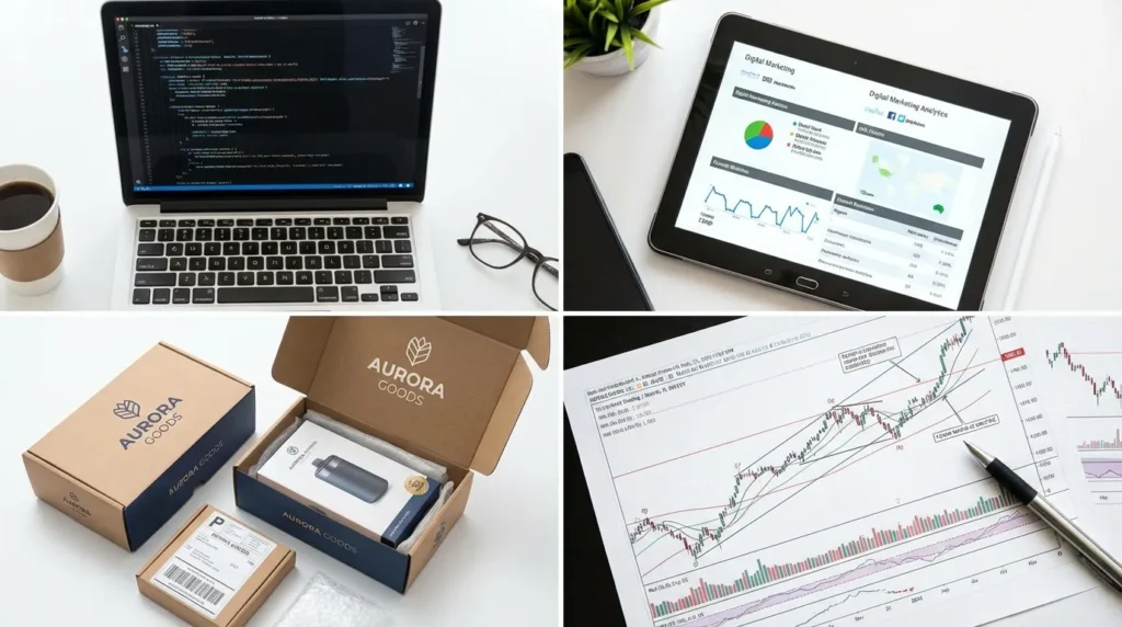 Icons representing in-demand online skills including AI, marketing, e-commerce, and trading