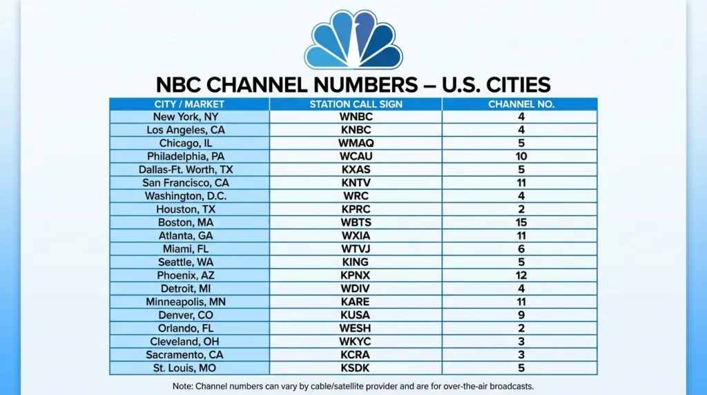 NBC channel numbers on Spectrum by city — SD and HD 2026 table