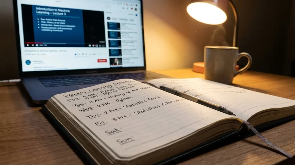 Learning schedule in a planner notebook next to a laptop with an online course