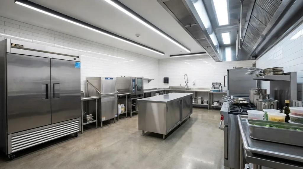 Energy-efficient commercial kitchen with LED lighting and certified appliances