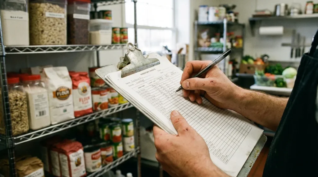 Restaurant manager tracking food inventory and cost of goods sold