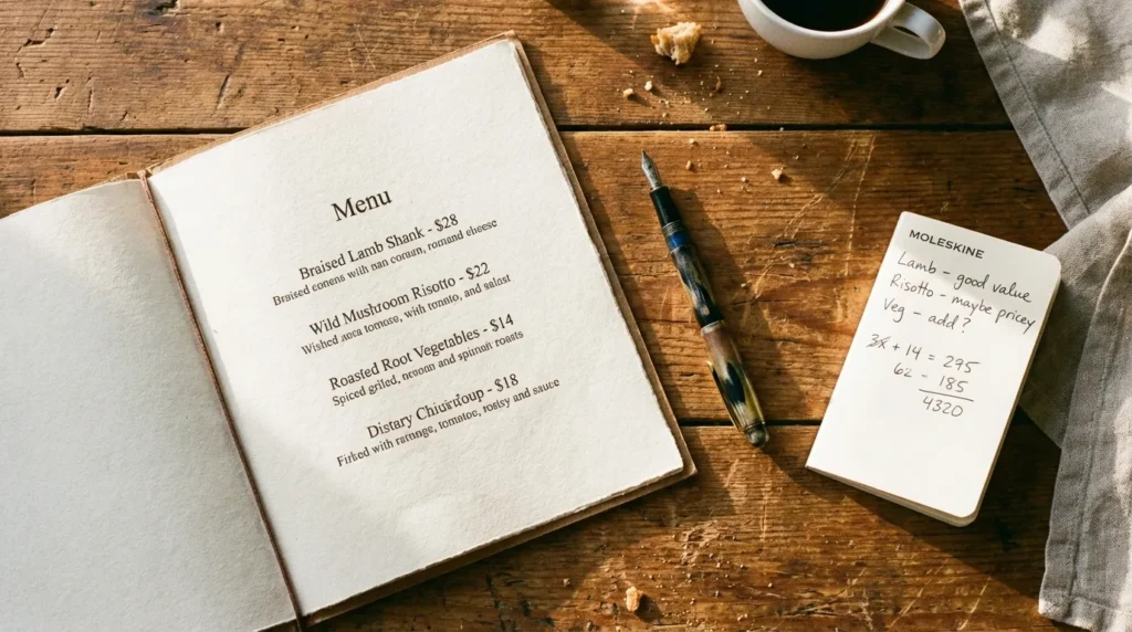 Restaurant menu with cost analysis notes for menu engineering