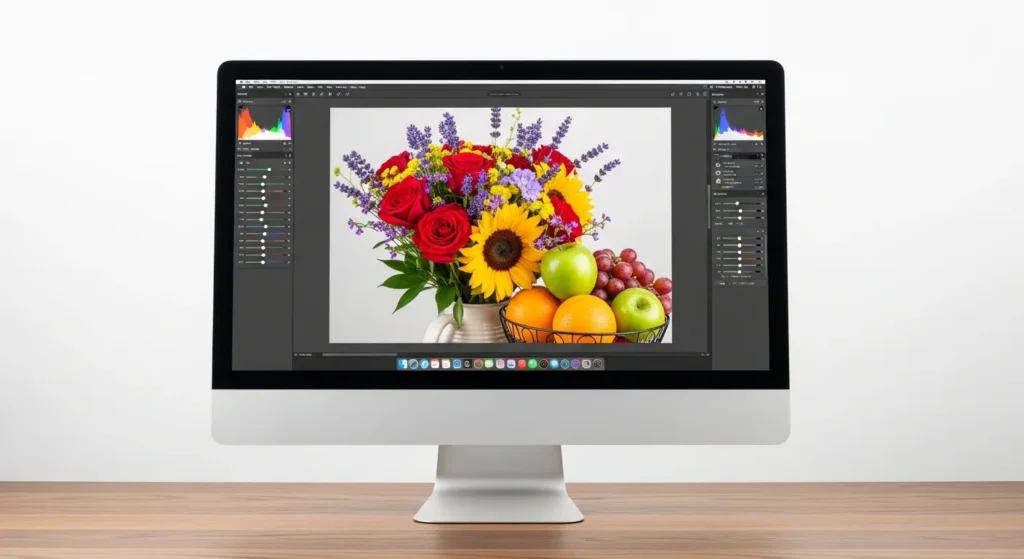 Two Apple Studio Displays displaying abstract colorful graphics