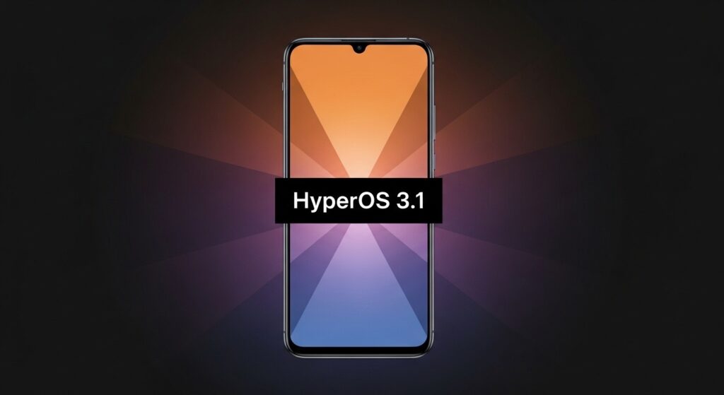 Xiaomi smartphone showing HyperOS 3.1 update screen against a dark gradient background