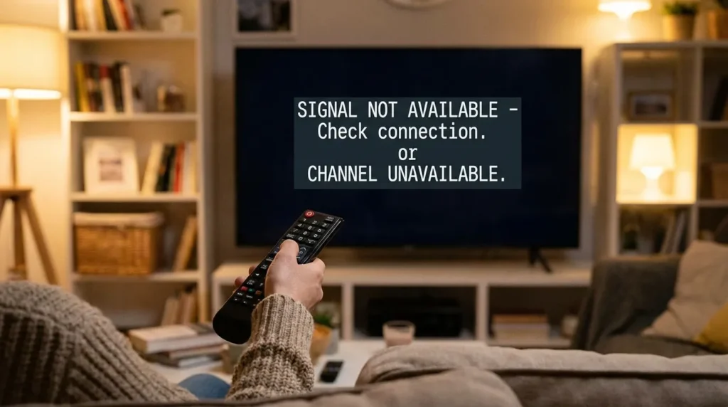 Person troubleshooting CBS channel not showing on DISH Network with remote in hand facing blank TV screen.