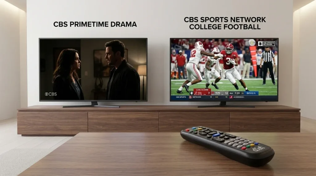 Two TV screens comparing local CBS primetime programming versus CBS Sports Network college football on DISH.