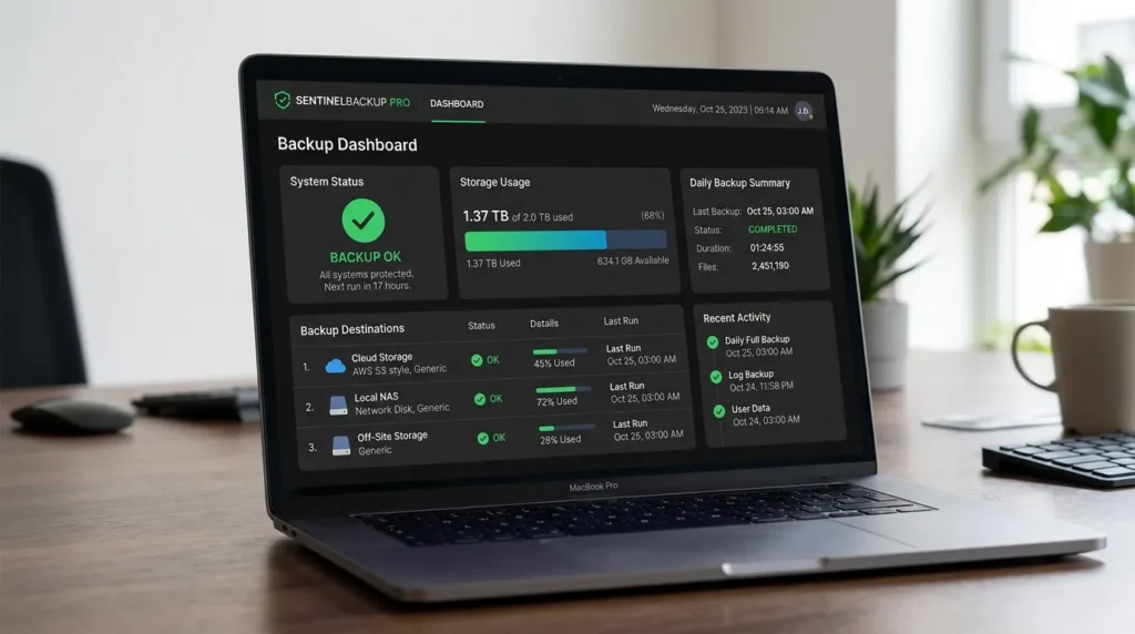 Cloud backup service dashboard showing backup status and storage for business data