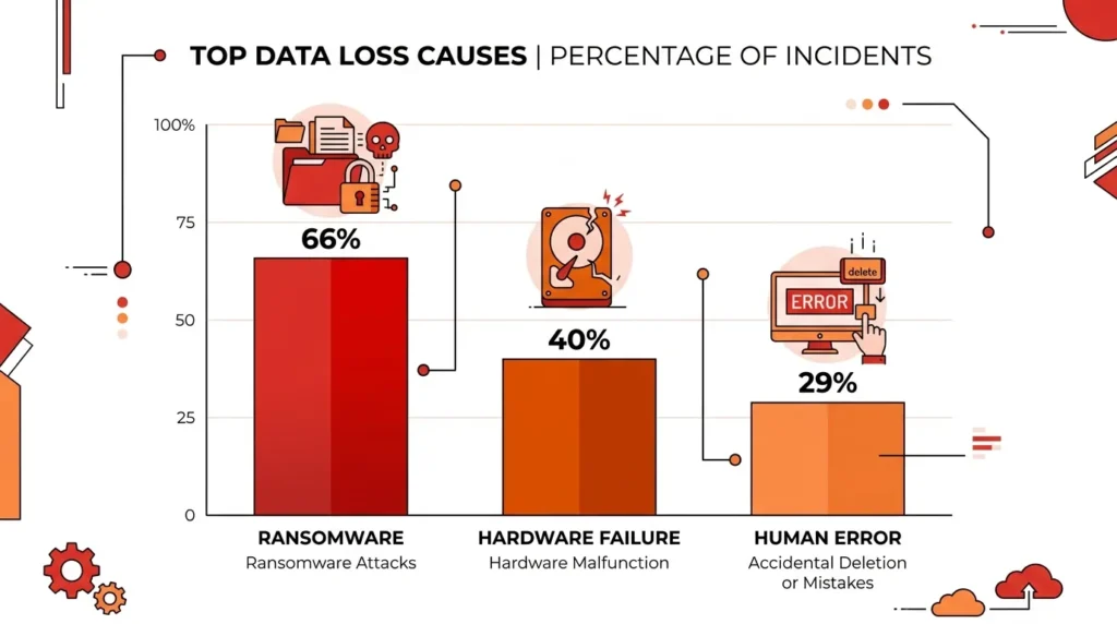 Infographic showing top causes of business data loss including ransomware and hardware failure