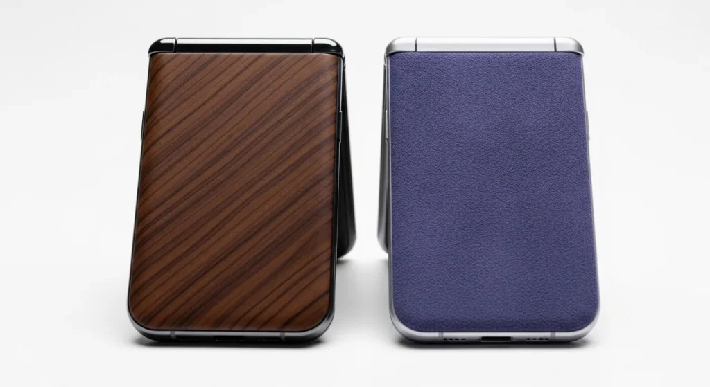 Motorola Razr Ultra 2026 in Cocoa Wood and Orient Blue Alcantara color options side by side